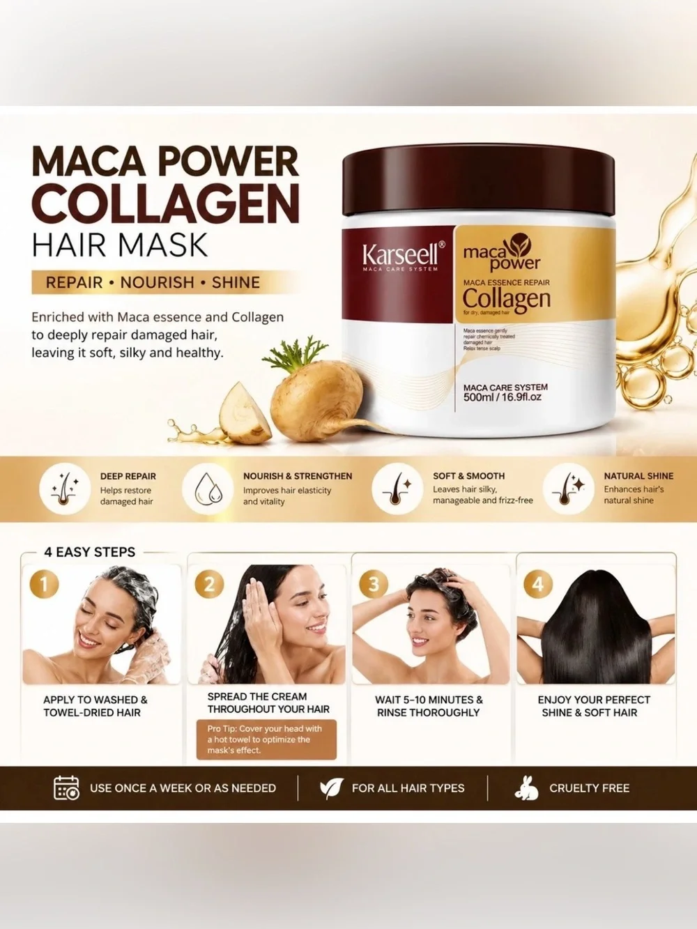 NEW, 2pk Karseell Maca Essence Repair Collagen Hair Mask for Dry Damaged Hair